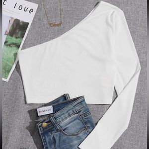 White long sleeve off the shoulder cropped top